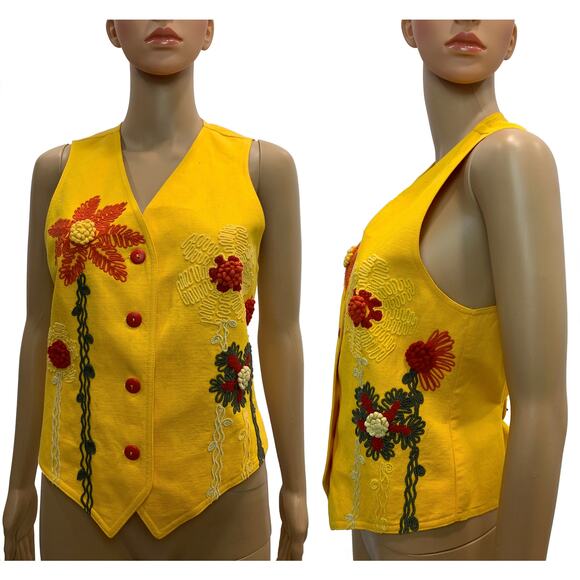 Cento x Cento Yellow Linen Blend Vest w Floral Embroidery | Italy 38 XS/S - Picture 1 of 9